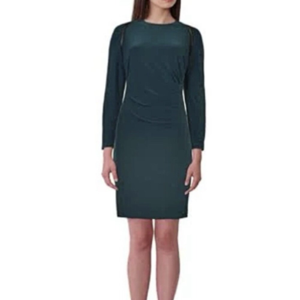 Ralph Lauren‎ Dark Green Jonni Faux Leather Trim Ruched Sheath Dress Size 16